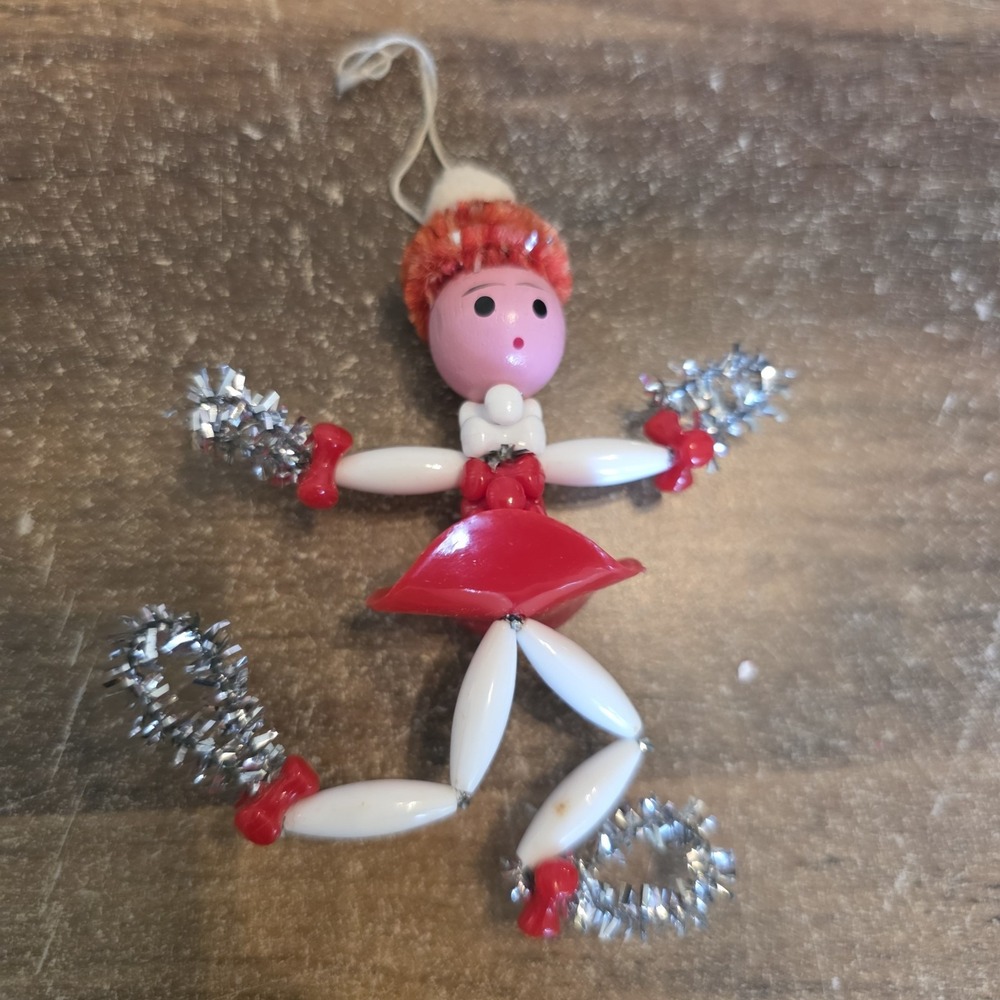 Plastic Beaded‎ Christmas Ornament Pipe Cleaners Skater Vintage Handmade 4" x 3"